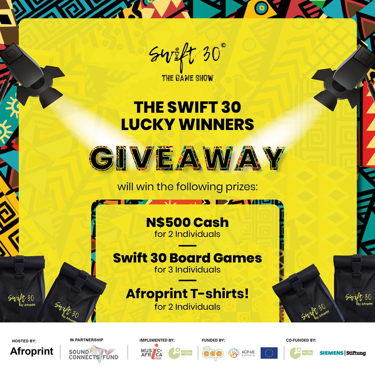 Swift30GameShow's tweet photo. Here's what our lucky winners will walk away with cash, the Swift 30 board games, and T-shirts. 📸
#RollADice #Swift30 #Afroprint #soundconnectsfund https://t.co/noocYBHplb
