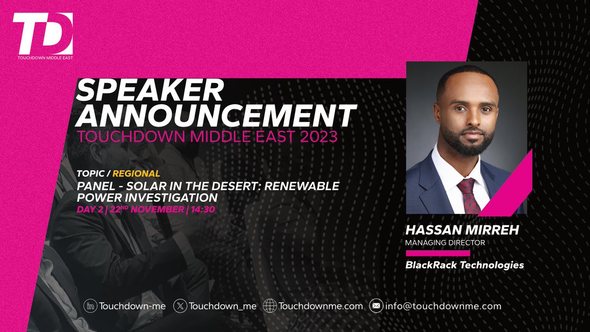 Touchdown_ME's tweet photo. 📣 Speaker announcement! Happy to have Hassan Mirreh, Managing Director at BlackRack Technologies, as a Speaker for Touchdown Middle East 2023!

🗣"Solar in the desert: Renewable Power Investigation" | Day 2 | 22nd Nov | 14:30.
Read more ➡ https://t.co/VGVHK1hySm

#TDME https://t.co/ulYLvsGCXG