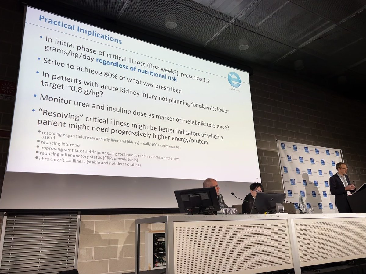 Great talk from <a href="/CStoppe/">Christian Stoppe</a> 
✅ 1.2 g/kg/d to reach progressively for all
⛔️ Lower targets in AKI patients (with no RRT)
🧪 The need for a biomarker
#LIVES2023 <a href="/ESICM/">ESICM</a> <a href="/AFRousseau/">AFR</a>