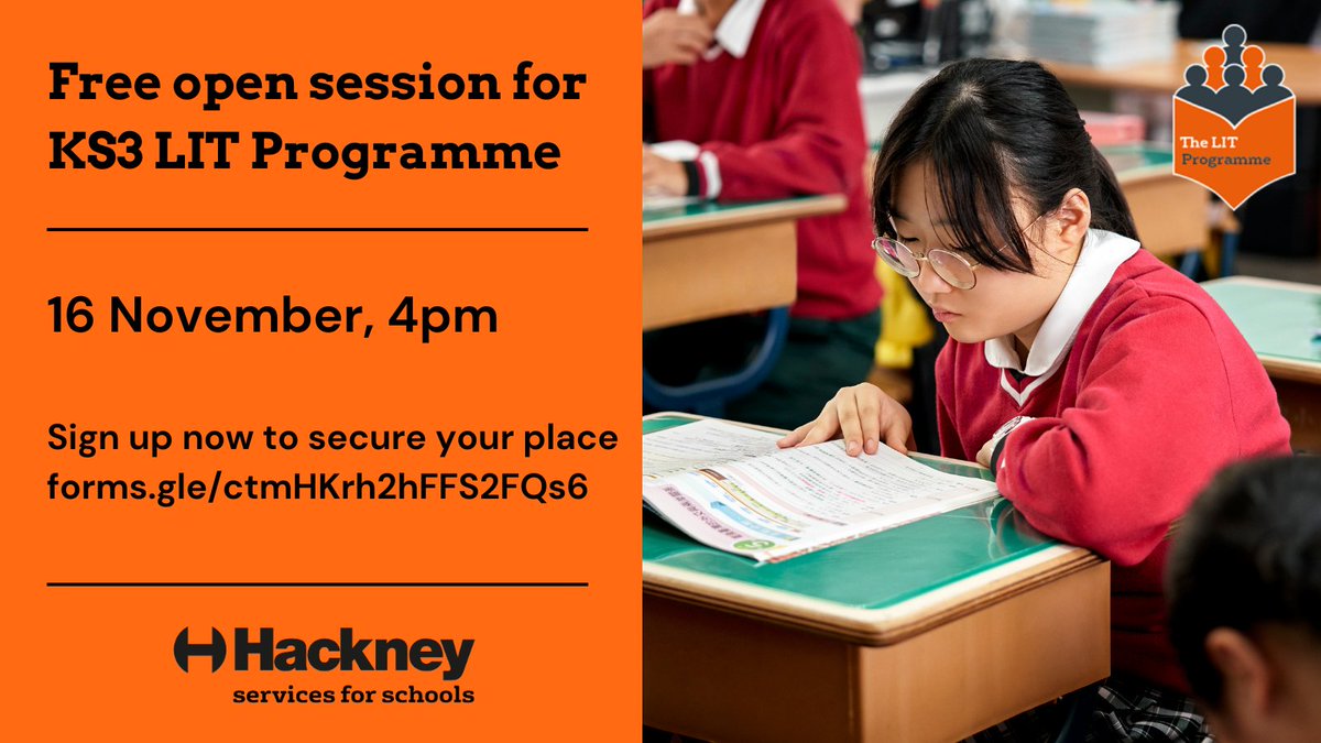Our LIT Programme has helped over 250 schools in England and Scotland to raise secondary pupils’ reading and literacy attainment.

Join our free online session with <a href="/HackneyLIT/">Jo Davey</a> and find out how we can help your school.

📅 16 November at 4pm
🖊️ Sign up forms.gle/ctmHKrh2hFFS2F…