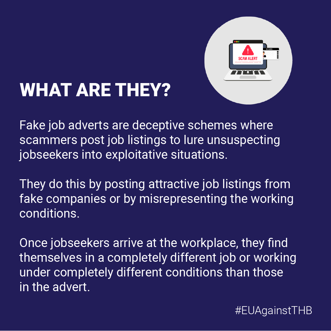 Europol's tweet photo. 🚩 Fake jobs adverts target anyone in a vulnerable economic situation looking for opportunities to improve their lives financially.

Generally, the scam has 3 steps:
1️⃣ publication
2️⃣ recruitment
3️⃣ exploitation

Learn how to spot them ⤵️