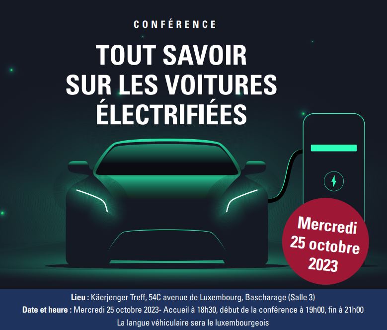 #SaveTheDate - Ce mercredi 25 octobre au Käerjenger Treff, en partenariat avec la commune de #Käerjeng, l’ACL organise sa conférence publique autour des véhicules électrifiés à partir de 18h30. Les experts de l’ACL donneront toutes les clés de l’#électromobilité.