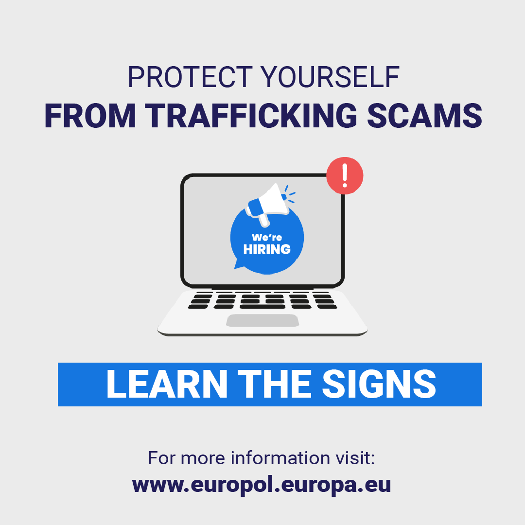 Europol's tweet photo. 🚩 Fake jobs adverts target anyone in a vulnerable economic situation looking for opportunities to improve their lives financially.

Generally, the scam has 3 steps:
1️⃣ publication
2️⃣ recruitment
3️⃣ exploitation

Learn how to spot them ⤵️
