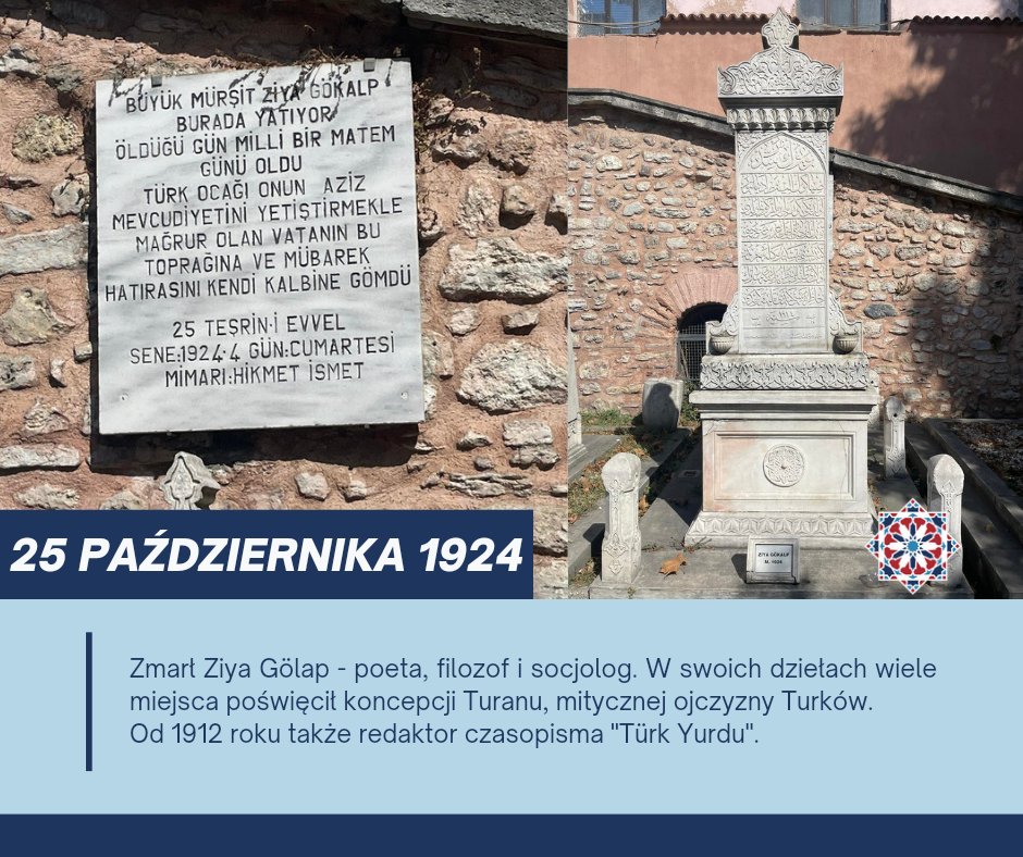 #OTD #TegoDnia 1924 r. zmarł Ziya Gölap - poeta, filozof i socjolog 📜 

Od 1912 r. redaktor czasopisma "Türk Yurdu" 🗞️

W swoich dziełach wiele miejsca poświęcił koncepcji Turanu, mitycznej ojczyzny Turków 🗺️

Na grafice wykorzystano zdjęcia grobu i tablicy aut.: <a href="/KWOlszowska/">Karolina Wanda Olszowska</a> 📸