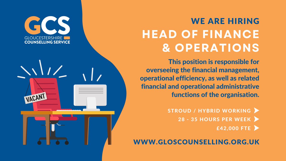 We have a fantastic opportunity for a Head of Finance and Operations! 🤝 You’ll be a critical member of our Senior Leadership Team, driving the strategic planning and direction of our financial and operational activities. 💪 Interested? Learn more! 👇 gloscounselling.org.uk/vacancies/
