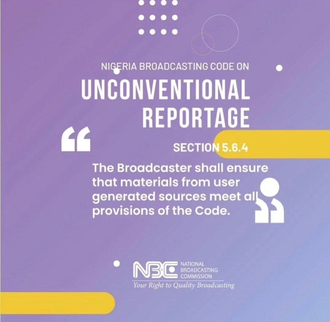 nbcgovng's tweet photo. #broadcasting
#NBCode
#News
Your Right to Know the Nigeria Broadcasting Code on Unconventional Reportage.
@NtaNewsnow @radionigeriahq
@AIT_online
@channelstv
@TVCconnect
@Arisetv
@NigeriainfoFM
@voiceofnigeria
@nannews_ng
@SilverbirdTV https://t.co/kve1b1VUGp