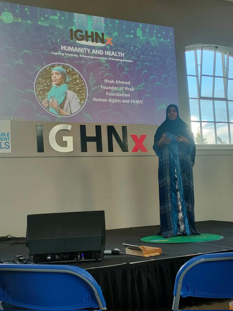 DearDaughterC's tweet photo. Our founder, #IfrahAhmed,was honored to discuss her work on ending FGM/C at #IGHNx. #Ifrah tirelessly works to end FGM & raise awareness about its impact on young girls' lives. She emphasized the detrimental effects of FGM during her talk.@ICGBV_Ireland @Concern @Irish_Aid https://t.co/XzxyLakR5V