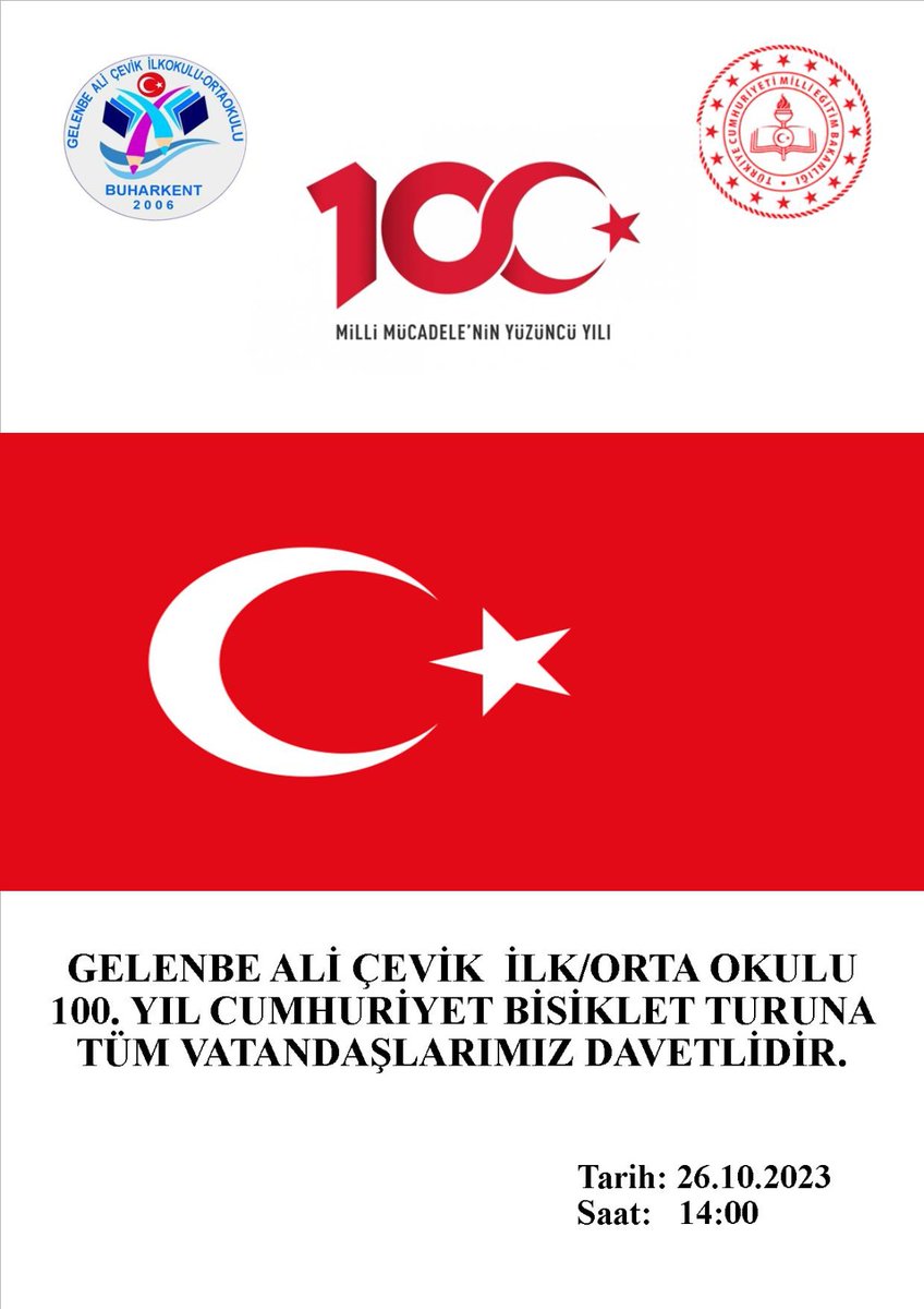 26 Ekim 2023 Perşembe Günü saat 14.00te Cumhuriyetimizin 100. Yılı Etkinlikleri kapsamında Feslek ilkokulundan başlayarak Gelenbe Ali Çevik ilkokulu bahçesine kadar 100. Yıl Bisiklet Turumuz vardır. Tüm velilerimiz ve vatandaşlarımız davetlidir.