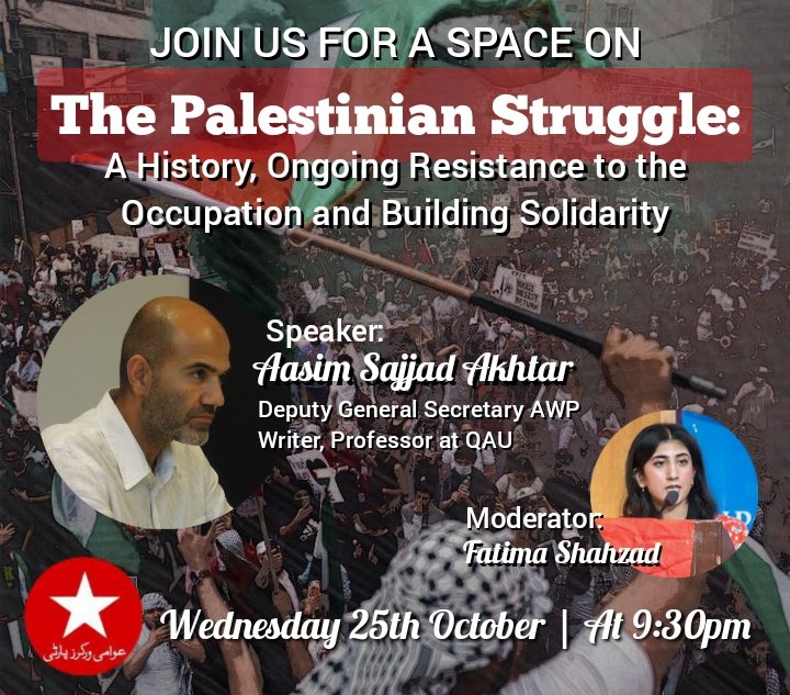 AWPIsbRwp's tweet photo. Join our Twitter/X space tonight at 9:30pm on "The Palestinian Struggle: A History, Ongoing Resistance to the Occupation and Building Solidarity" with Aasim Sajjad Akhtar. We hope to see you there!

#FreePalestine
#Gaza_Genocide https://t.co/uGS4dteSdq