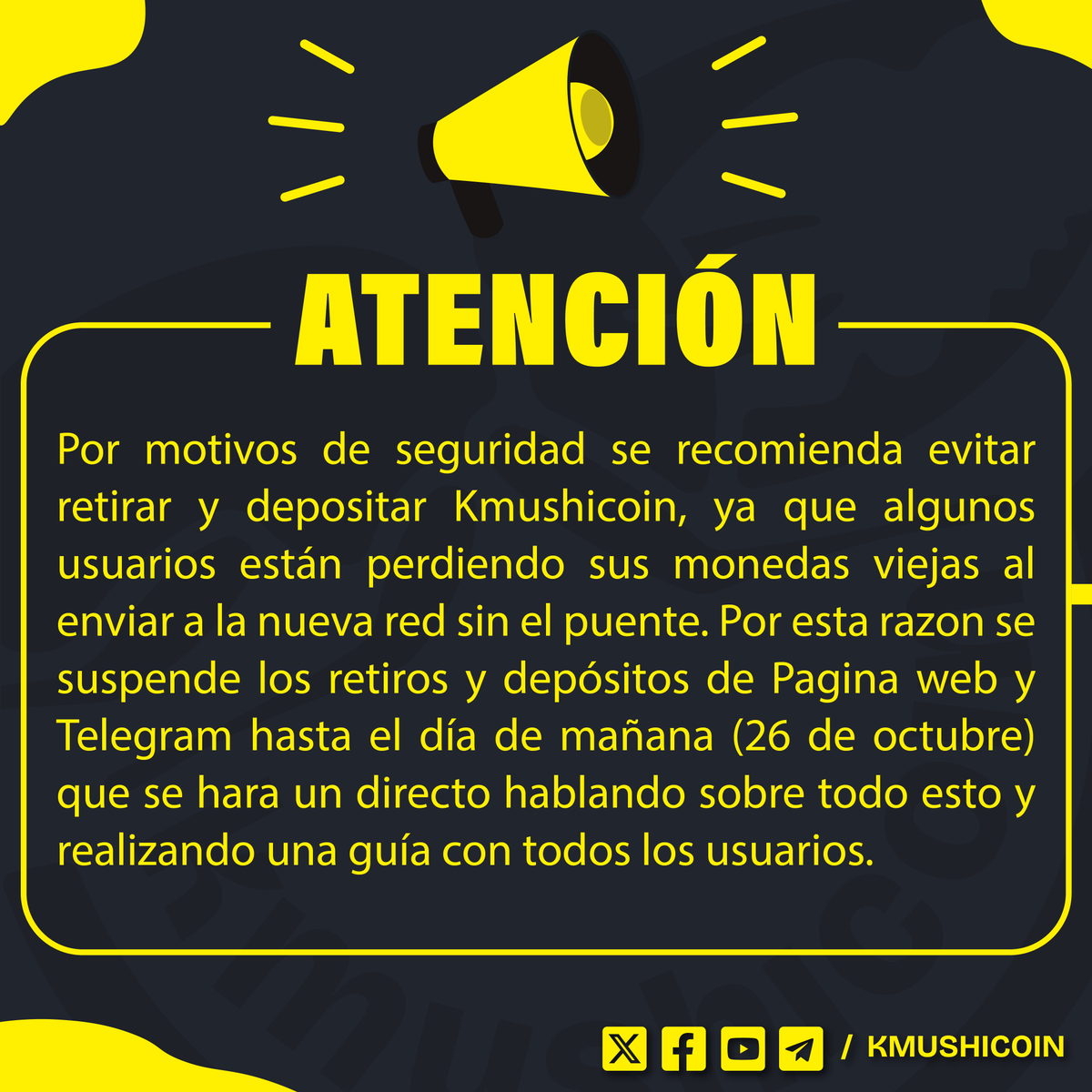 kmushicoin's tweet photo. 🔒 Alerta: Retiros y depósitos de Kmushicoin suspendidos temporalmente por motivos de seguridad. Únete a nuestra transmisión en vivo el 26 de octubre para más detalles y una guía de asistencia. #Kmushicoin #seguridad #criptomonedas 💰 📚

Leer: https://t.co/NKDagjjUHh https://t.co/a2NZ38VbvK