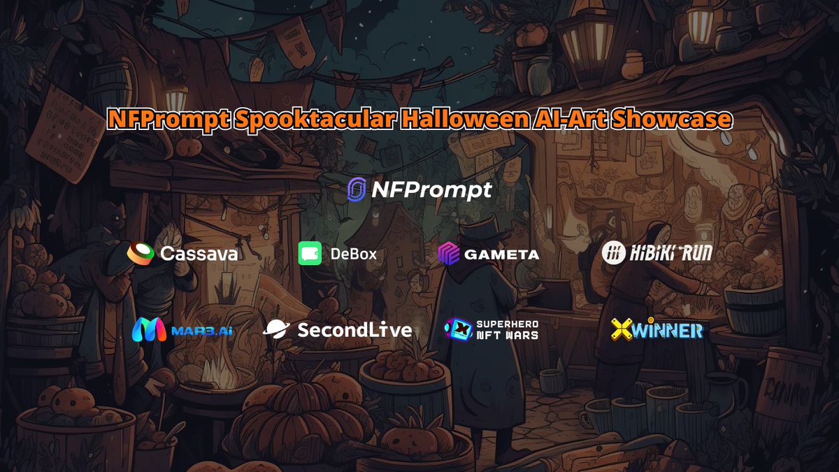nfprompt's tweet photo. CAMPAIGN ANNOUNCEMENT❗

🎃👻We're welcoming the #Halloween festivities with exceptional AI-Generated Content. 👻🎃

Show off your creativity, scare everyone with your art, and spook your way into winning more than $3000 in total rewards.

📍Join the festival here: https://t.co/VJrHTImPdB

This event is brought to you by our exceptional partners:
@CassavaNetwork @DeBox_Social @Gameta_Official @HibikiRunTeam @Mar3_AI @SecondLiveReal @supernftwars @xwinnergame