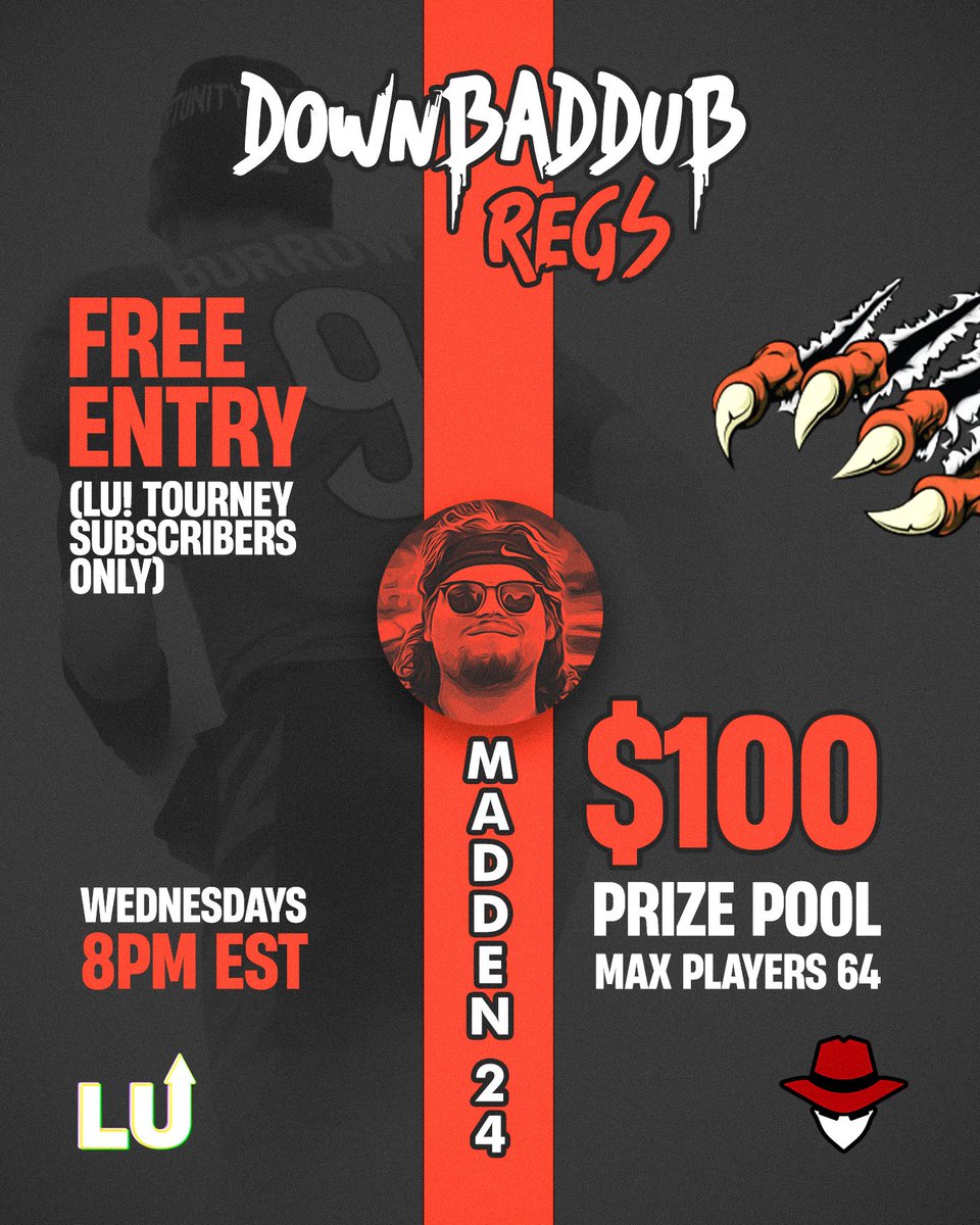 ⚔️@DownBadDub $100 Regs⚔️

🚀Hosted by <a href="/lobbyupesports/">Lobby Up! eSports</a>

📅TONIGHT 8PM EST

⚡️MEMBERSHIP: esportsagent.gg/membership/mad…

🚨SIGNUPS: esportsagent.gg/tournament/135…