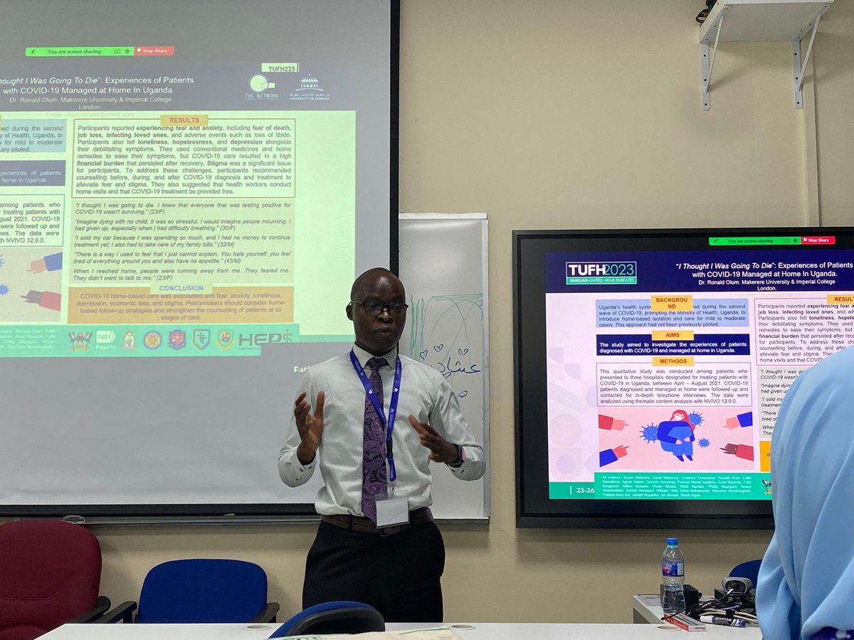 IAmTheOlum's tweet photo. At the @TUFH Conference, I presented our findings on the experiences of patients with COVID-19 who were managed at home. Psychosocial and economic concerns were common (obviously). 
Implementation research is a potential solution prior to rolling out such policies.
#TUFH2023 https://t.co/gmDSyoGSz4