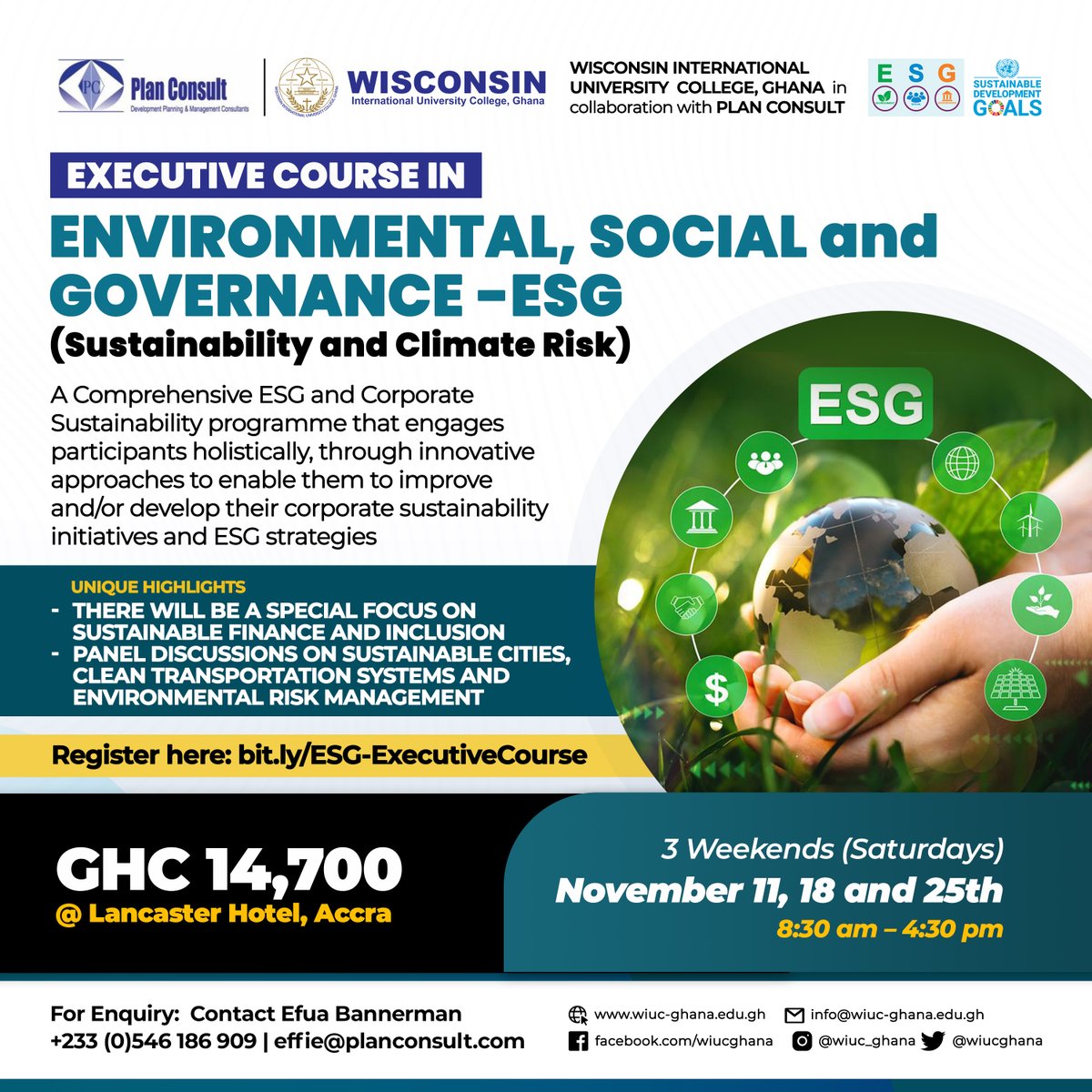 EXECUTIVE COURSE in ENVIRONMENTAL, SOCIAL, AND GOVERNANCE - ESG (Sustainability and Climate Risk) Weekend Session to begin on Saturday, the 11th of November 2023. Interested Applicants can apply today Registration Link bit.ly/ESG-ExecutiveC… wiuc-ghana.edu.gh/esg-executive-…