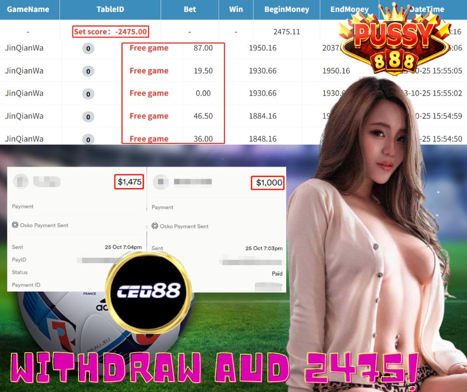CEO88AUS's tweet photo. ‼️ CONGRATS TO CEO WINNER‼️

 🖥Game : Pussy888
🎰Slot : JinQianWa 
🏧Deposit: 100$
💰Withdraw : 2475$

#OnlineCasino #GamblingTwitter #gambleresponsibly #CEO88 #Winlikeaboss #OnlineRummy #Australia #GamblingTwiitter

📱Register With Us Get Free $18 💁‍♀️https://t.co/g6C6mGNUjr https://t.co/ycLNhUDks8