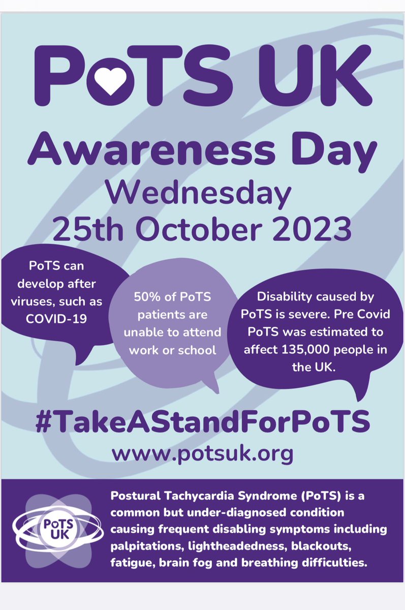 ✨Today✨ is our 4th ⭐️⭐️#PoTSAwarenessDay⭐️⭐️

Please share our posts as much as possible throughout the day💜

For those with #PoTS, please join us by sharing your stories &amp; experiences of PoTS and include the following tags in your posts:
<a href="/UKPoTS/">PoTS UK</a> #PoTSAwarenessDay 

For more