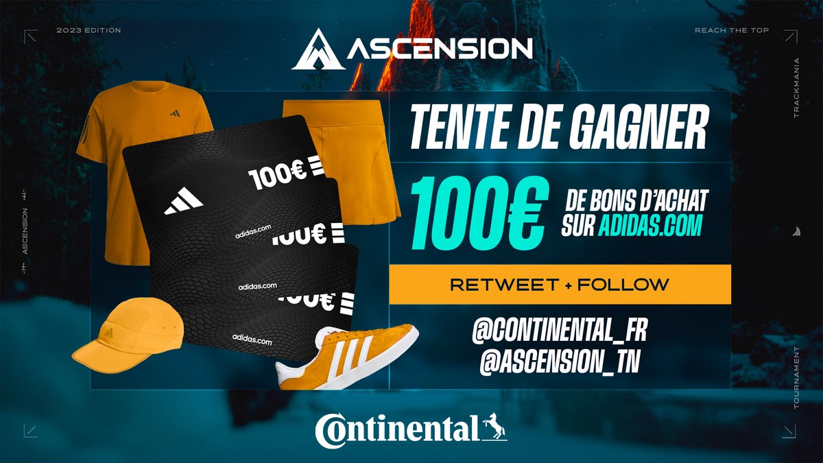 Ascension_tn's tweet image. J-3 avant la grande finale de l'#AscensionTN ! 🏔️

Pour l'occasion, @Continental_fr, fabricant officiel de semelles adidas, vous offre la chance de pouvoir gagner 100€ chez eux 🤌👟 

Pour participer :

🔁 RT ce tweet
👤 Follow @Ascension_tn &amp;amp; @Continental_fr

 #Sponsorisé