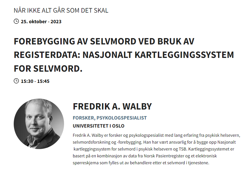 I dag holder @walby_a plenar under årets helse- og kvalitetsregister konferanse. Her skal han snakke om forebygging av selvmord ved bruk av registerdata. Arrangamentet kan streames her: registerkonferansen.no