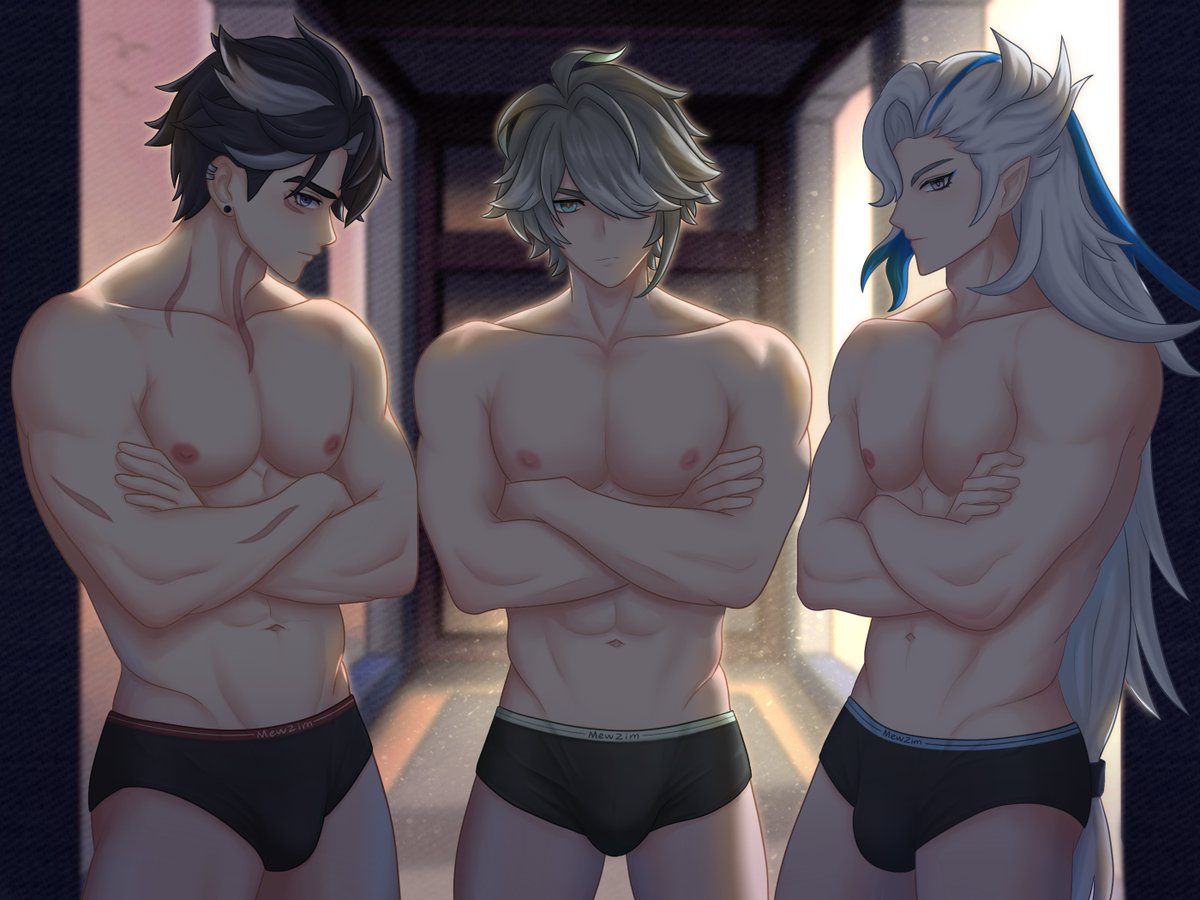 Mew_Zi_m's tweet photo. 三个人为什么有四根？

#原神 #Wriothesley #Neuvillette #Alhaitham #Aether #NSFW #肌肉男 #腹肌 #绘画 https://t.co/Le8XXWaEt6