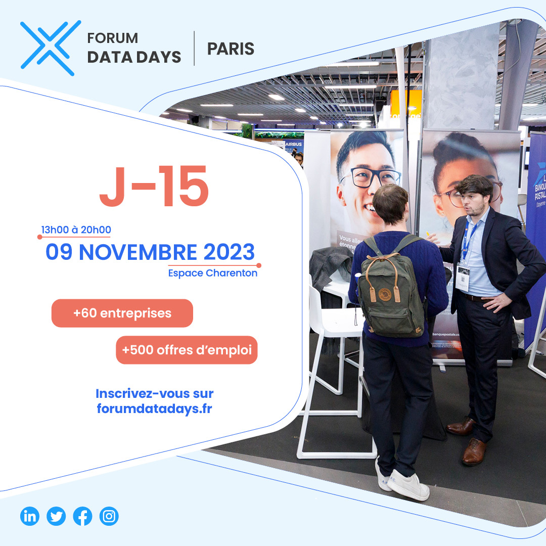 ForumDataDays's tweet image. J-15 avant le Forum Data Days 2023 ! 🚀
Retrouvez le 9 novembre les meilleures entreprises qui recrutent en data et IA sur des postes en CDI, alternance, stage, freelance...

Info et inscription 👉 forumdatadays.fr
