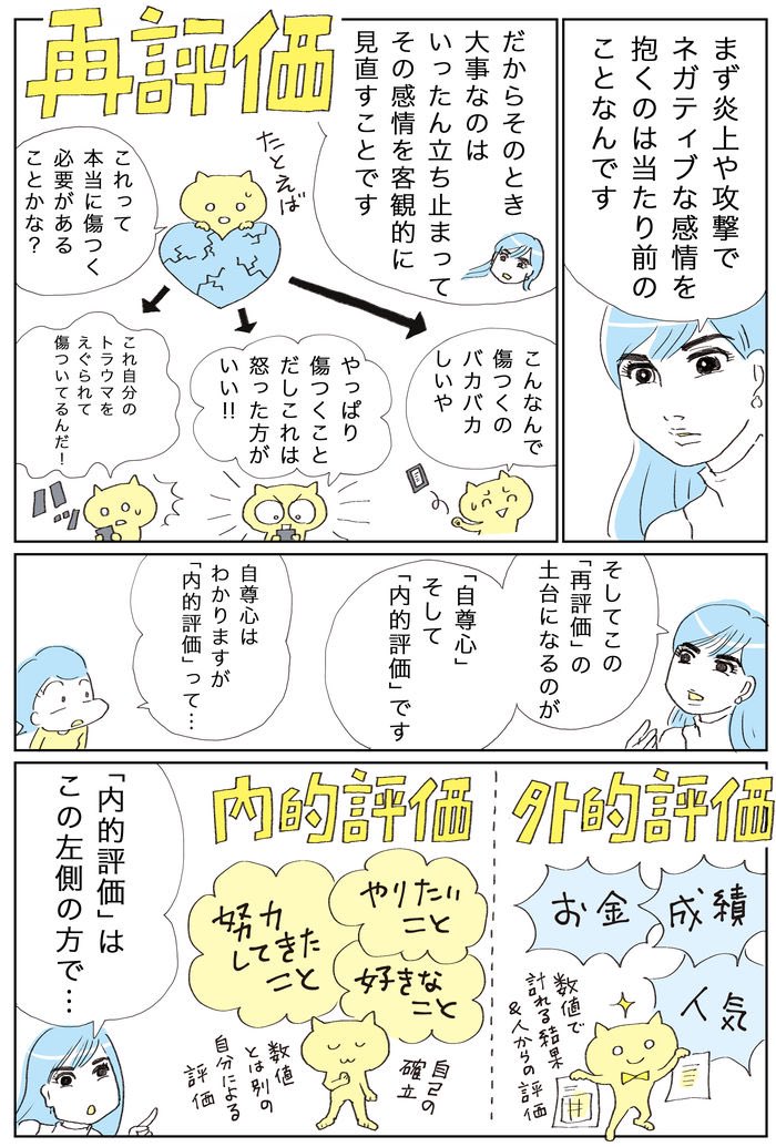 【SNS炎上から自分を守る「再評価」「内的評価」って?】  内田舞さん(精神科医&脳科学者)に教わるSNS炎上🔥メカニズムの第三回。  炎上や攻撃の仕組みは理解できても、怒りや傷つきなどネガティブな感情は消えない…😭というわけで、今回はその心の整理の仕方を教わりました。そのキーワードが→