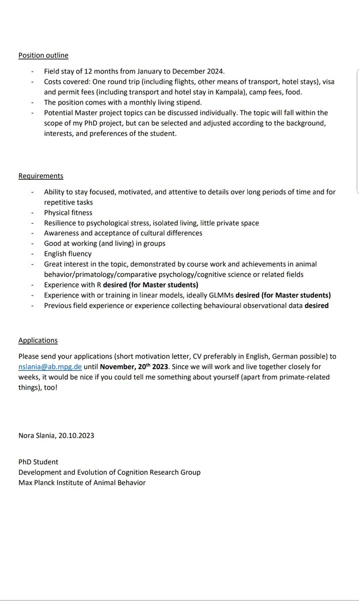 noraslania's tweet photo. ❗🐵 wild chimp research assistant position 🐵❗

We are looking for an RA/Master student to collect data on wild chimps in Uganda in 2024 (12 month) under my project on mechanisms and motivation of chimp learning.

Comes with a monthly living stipend, travel/stay costs covered💫 https://t.co/yH1UXi5hfY