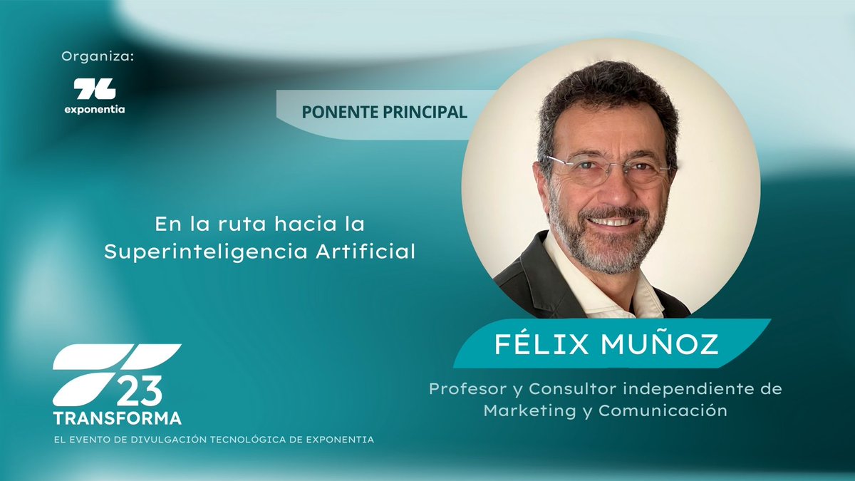 📣 Felix Muñoz, profesor y consultor de Marketing y Comunicación, será el ponente principal de #Transforma23

Félix ha liderado las comunicaciones de Marketing de  #Telefónica, #CocaCola o #Cepsa.

Inscríbete: exponentiatransforma.com/#inscribete 

El viernes 10/11 a las 10H en Veles e Vents.