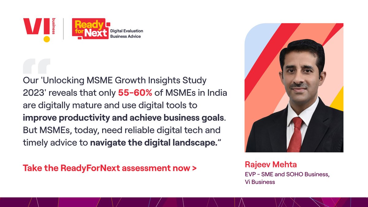 Our SME & SOHO Head, delves into our study covering ~1 Lakh #MSMEs who adopted digital tech to drive business growth.

To assess the #DigitalMaturity of your business, take the #ReadyForNext assessment here: rb.gy/rsb7i