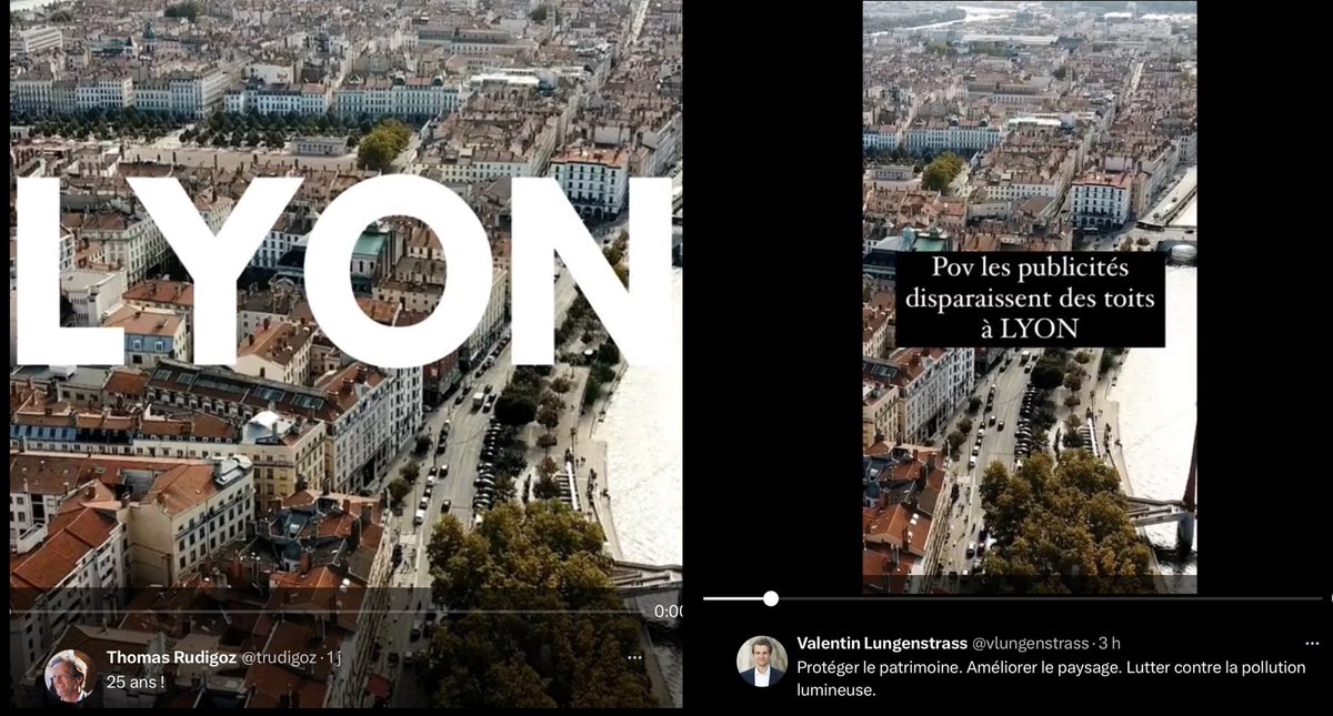 Comparatif vidéo

✅ @trudigoz est fier de #lyon #patrimoine #UNESCO

❌#valentinostrass @villedelyon est fier d’un combat antipub du siècle dernier. Les pubs, Valentino, on les a tous sur nos portables. #lesinaptesEELV #vieuxmonde #horssol #deconnectés