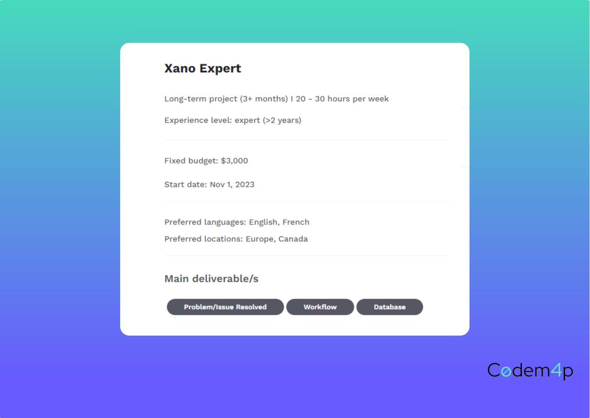 codemap_io's tweet image. Featured #nocode job of the day - Looking for a Xano expert with knowledge of WeWeb:
💰 $3,000
💼 Long-term project (3+ months)
🛠 @nocodebackend, @weweb_io, @stripe
🤓 No-code development, API integrations
Interested? Learn more via the link below! 👇
codemap.io/project/Xano%2…