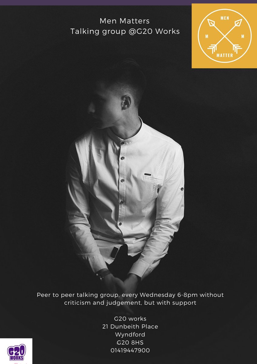 G20YouthProject's tweet photo. Our men's peer to peer support group will be running tonight at G20 Workspace 21 Dunbeith Place, Wyndford. Everyone over 16 welcome Men Matter Scotland @MenScotland 

Relationships. Hope. Connection
Join us🫶👇 https://t.co/hChBqT3NXs