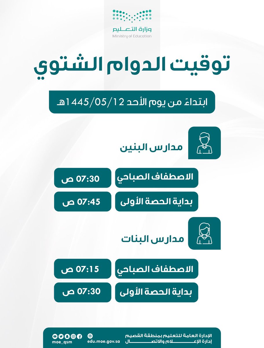 moe_qsm's tweet photo. ⏰ الدوام الشتوي |

#تعليم_القصيم تعتمد تطبيق ⁧الدوام الشتوي⁩ مع بداية الفصل الدراسي الثاني 12-5-1445ﮪ في جميع مدارس المنطقة⁧. https://t.co/jfnfGpCNtj