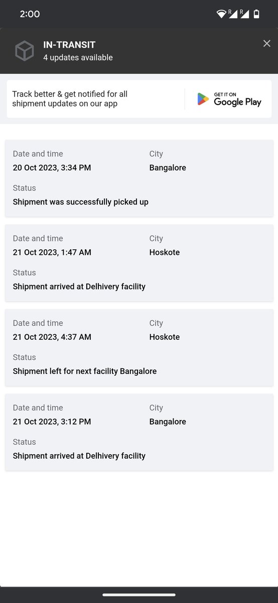 Intoxicateth's tweet photo. Hey @delhivery @help_delhivery 
For 5 days this shipment is already in Bangalore and no one is there to make the delivery? What's happening! Should I start requesting Blue Dart from now on to ensure I get my packages? Tracking ID 4155412908205 https://t.co/NHtEsAyjID