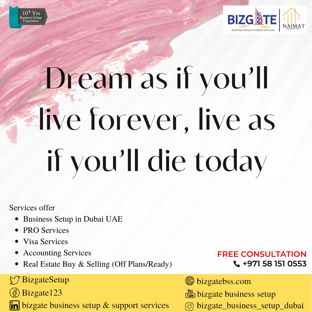 BizgateSetup's tweet image. Dream as if you’ll live forever, live as if you’ll die today

Services offer:
Business Setup in Dubai UAE
PRO Services
Visa Services
Accounting Services
Real Estate Buy &amp;amp; Selling (Off Plans/Ready)

Free Consultation
+971 58 151 0553

#business #entrepreneur #motivation #dubai