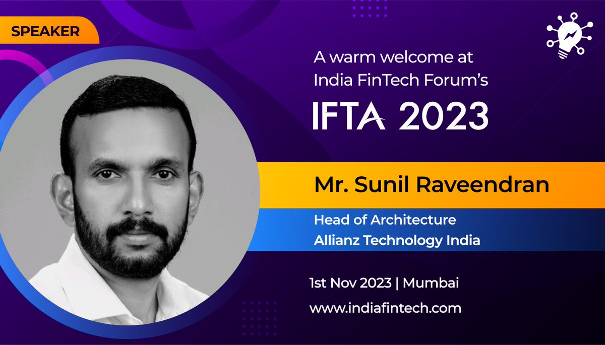 India_Fintech's tweet photo. We are pleased to welcome Mr. Sunil Raveendran, Head of Architecture, Allianz Technology India as a Speaker at the prestigious IFTA 2023.

#IndiaFinTechAwards #IFTA2023 #FintechConference #fintech #TechnologyLeaders #DigitalTransformation #technology #Blockchain #Crypto #currency https://t.co/g0b88AEdo1