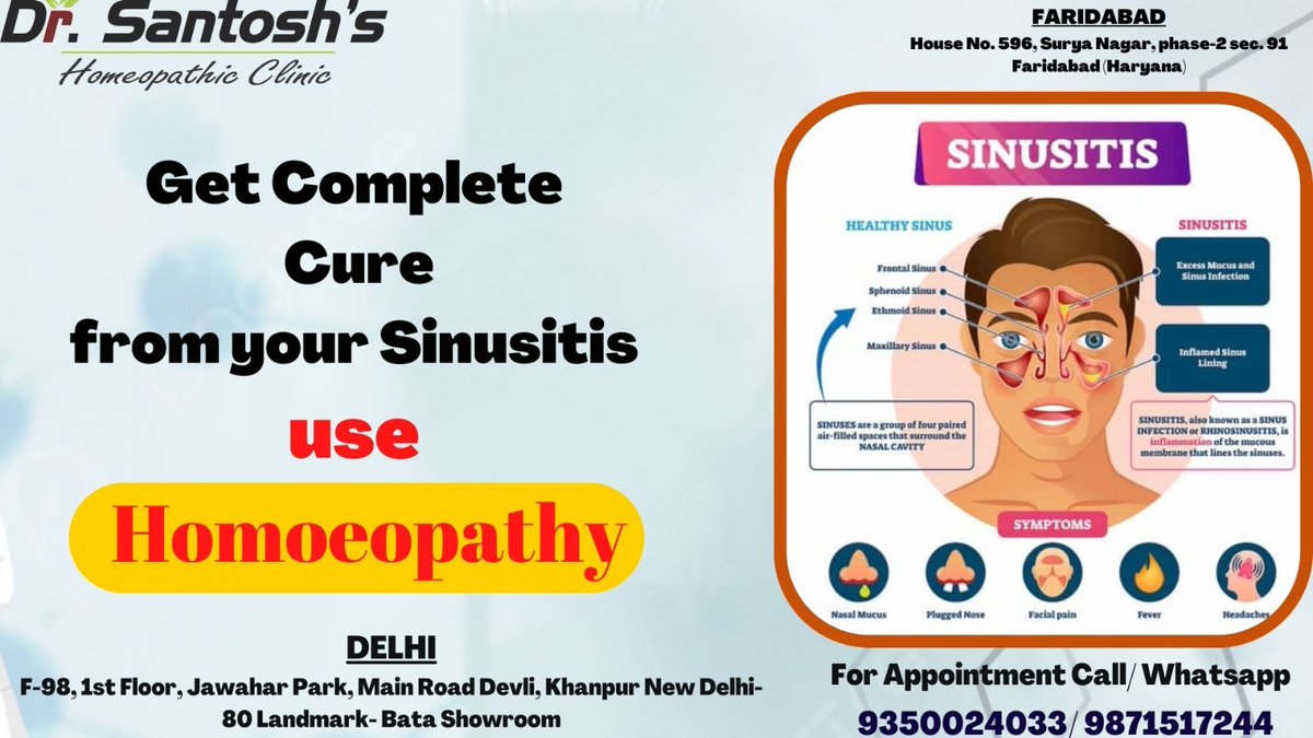 A condition in which the cavities around the nasal passages become inflamed.

#Sinusitis #SinusInfection #SinusRelief #BlockedNose #NasalCongestion #SinusPain #SinusIssues #SinusSymptoms #SinusHealth #SinusTreatment #SinusSufferer 

For Appointment Call us-9350024033/9871517244