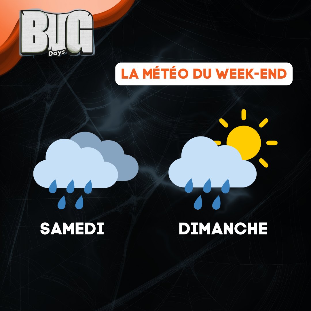 BUG_Days's tweet photo. Ce week-end, la pluie prévoit de s'inviter, mais ne t'en fais pas, notre convention t'attend à bras ouverts pour égayer ces journées humides ! Quoi de plus réconfortant que de plonger dans l'univers envoûtant des #BUGDays quand le ciel se montre taquin ? 😏 https://t.co/JjJswTv8TB