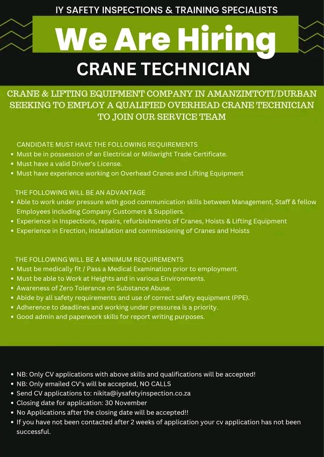 WE ARE HIRING #Durban #amanzimtoti #CraneTechnician #overheadcranes 

We are looking for a Crane Technician to join our Amanzimtoti/Durban Service Team

Email your CV to nikita@iysafetyinspection.co.za 

NO CALLS PLEASE