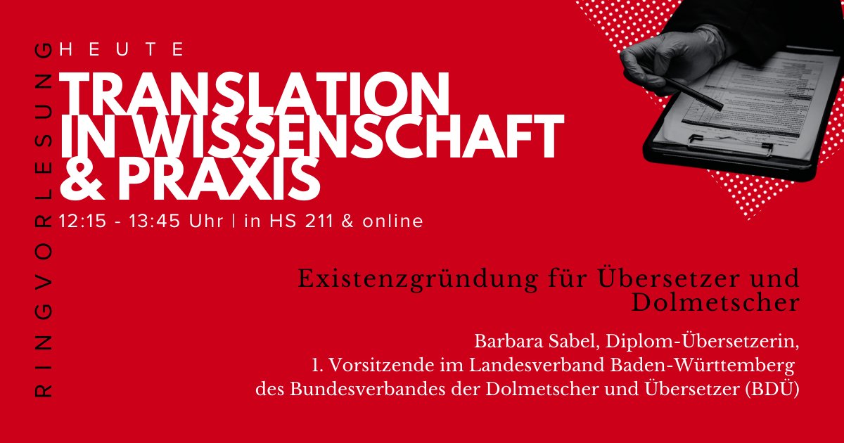 Da die Selbstständigkeit in der Sprachmittlerwelt schon immer dazugehörte, ist bei der heutigen Ringvorlesung die 'Existenzgründung für Übersetzer und Dolmetscher' thematischer Fokus.

Schaut also 12:15 Uhr in Präsenz oder online unbedingt vorbei!

Stream: tinyurl.com/2xtvt68h