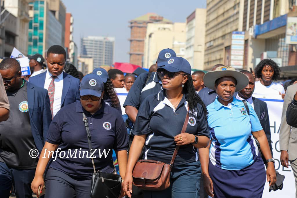 nickmangwana's tweet photo. Today, civil servants working at HQ in Harare marched in the CBD, demonstrating against the illegal sanctions imposed against Zimbabwe by the United States of America and other western nations. Today, 25 October, marks the SADC Anti-Sanctions Day as declared by regional leaders during a summit in August 2019. 
#ZimSanctionsMustGo