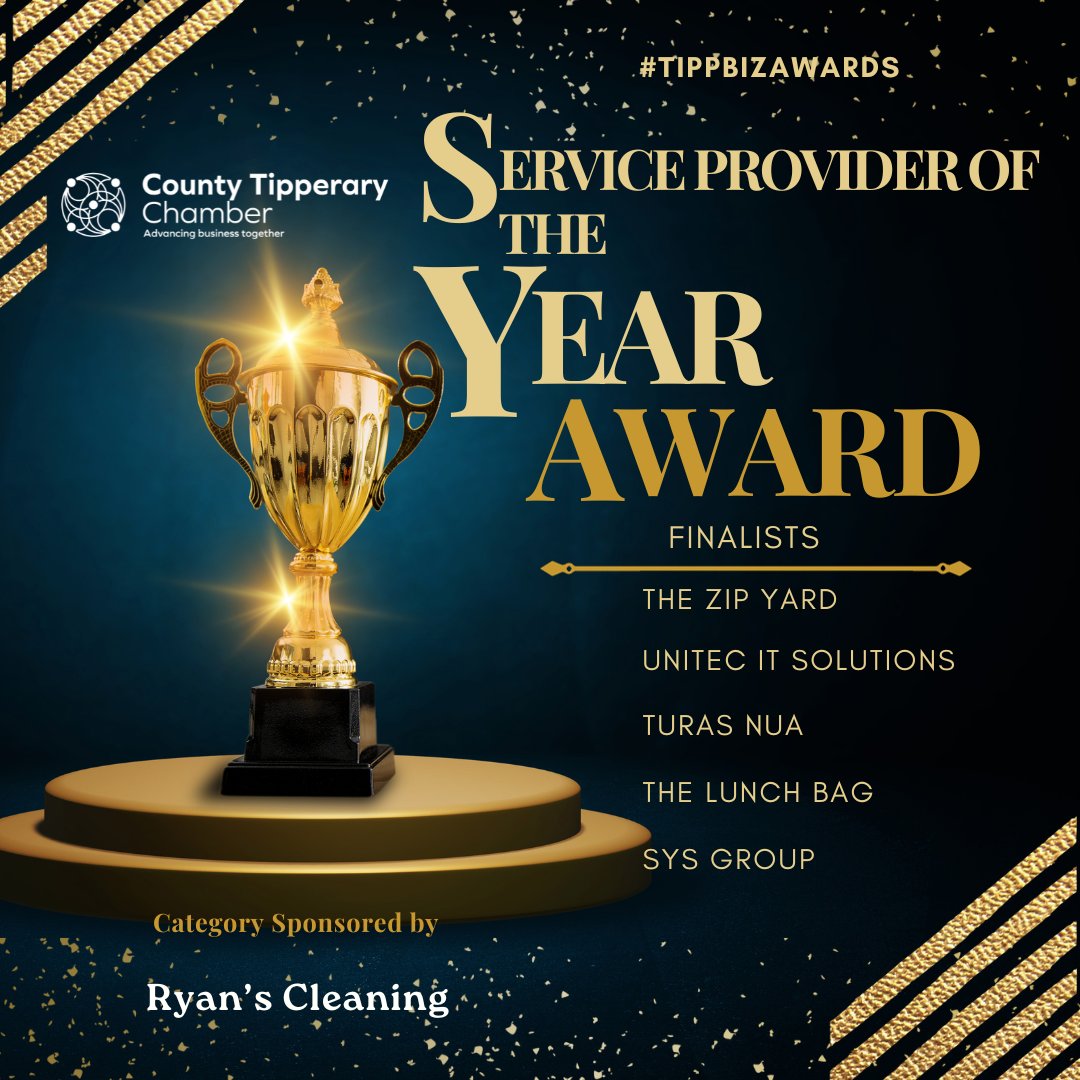 Next shortlist up for our category Service Provider of the Year which is kindly sponsored by Ryan's Cleaning, who were last years Overall business of the Year winners is...

#TippBizAwards #event #Tipperary #ServiceProviders #supporteachother #ctc