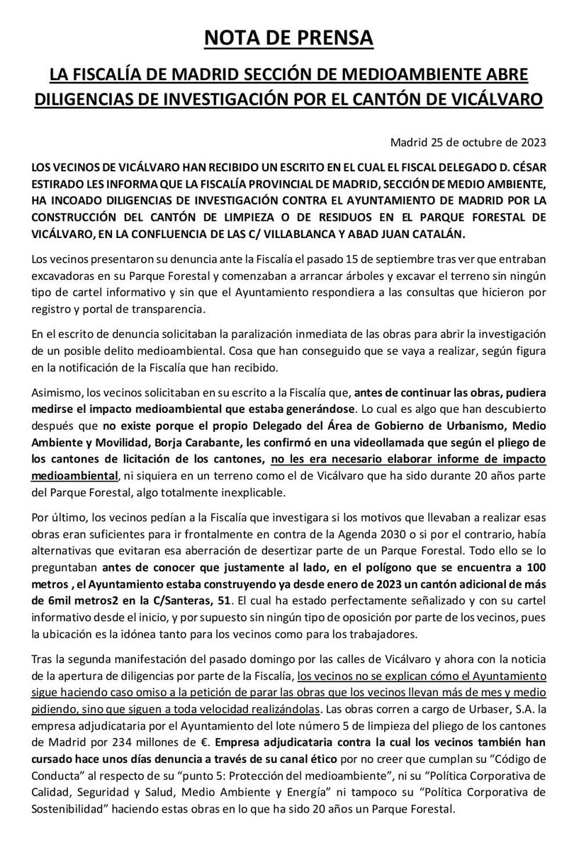 NOCantonVicalv's tweet photo. NOTA DE PRENSA: la Fiscalía Provincial de Madrid sección Medio Ambiente, tras estudiar la denuncia presentada por #Vicálvaro, ha resuelto abrir Diligencias de Investigación contra el Ayuntamiento por la construcción de un cantón de residuos en el Parque Forestal de Vicálvaro https://t.co/JQJy2MbnVy