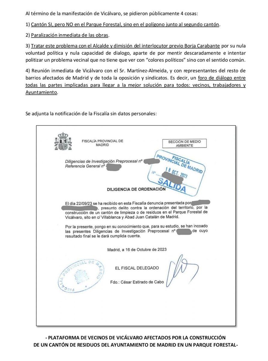 NOCantonVicalv's tweet photo. NOTA DE PRENSA: la Fiscalía Provincial de Madrid sección Medio Ambiente, tras estudiar la denuncia presentada por #Vicálvaro, ha resuelto abrir Diligencias de Investigación contra el Ayuntamiento por la construcción de un cantón de residuos en el Parque Forestal de Vicálvaro https://t.co/JQJy2MbnVy