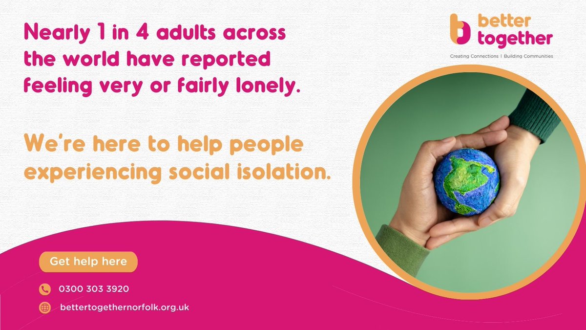 If you're feeling lonely, you are not alone.👀

Nearly 1 in 4 adults across the world reported feeling very or fairly lonely.📊

Our Better Together team are here to help people experiencing social isolation in #Norfolk... Get in touch if we can help.☎️

edition.cnn.com/2023/10/24/hea…