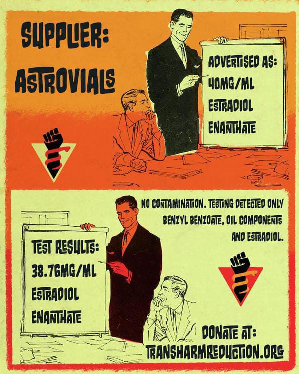 TransHarmRedux's tweet image. 👩‍🔬🧪New lab test results 
Sample: Astrovials estradiol enanthate. 
Full test results on our website: transharmreduction.org/hrt-testing