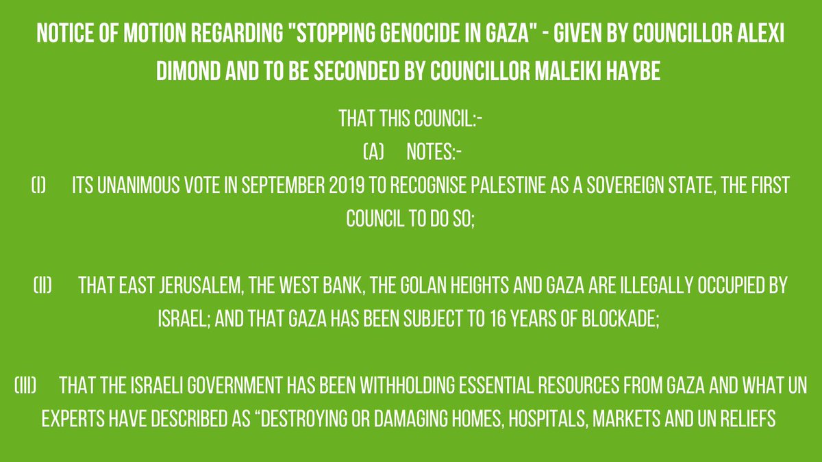 🕊️ Cllr <a href="/AlexiDimond/">Alexi Dimond (on BlueSky)</a> is moving and Cllr <a href="/HaybeMaleiki/">Mal</a> is seconding the Green motion regarding "Stopping Genocide in Gaza" at next week's full council meeting

🏳️ We stand against war crimes, apartheid and genocide

👇 See the full text in the images and alt text below