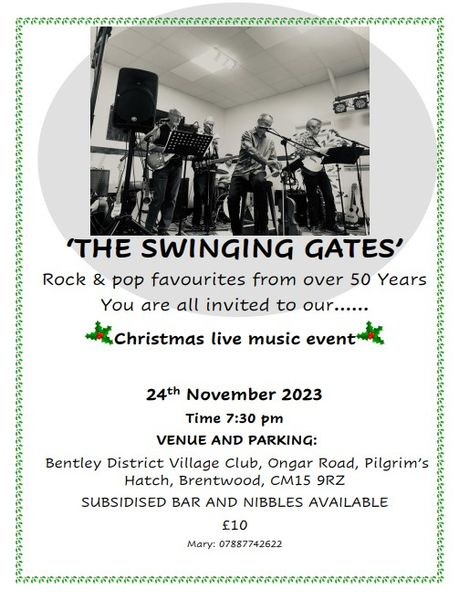 AB4D12's tweet photo. Dear Family &amp; Friends of The Gates,
Please see the attached flyers as a gentle reminder of our Christmas events.24th November ‘The Swinging Gates’ live music from 7.30 at Bentley District Village Club. Tickets £10 (tickets must be reserved as numbers are limited). https://t.co/uoYAQCSsW2