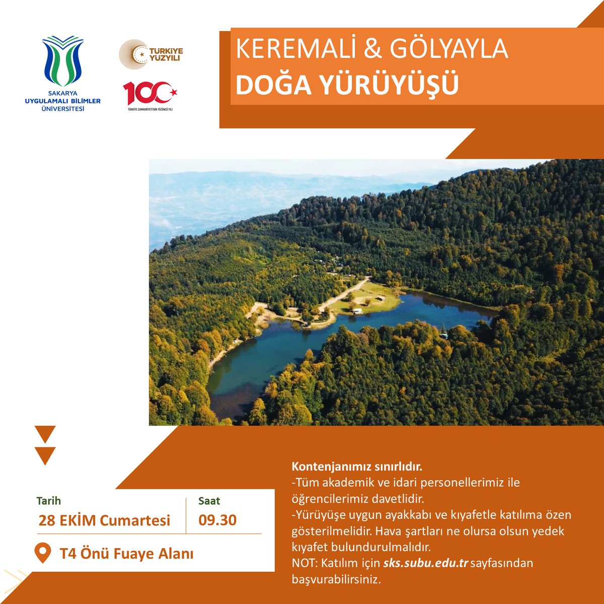 🥾📷 Bu hafta sonu tüm akademik ve idari personelimiz ile öğrencilerimize yönelik "Keremali &amp; Gölyayla Doğa Yürüyüşü” etkinliği gerçekleştirilecektir. 
<a href="/SubuOfficiall/">Sakarya Uygulamalı Bilimler Üniversitesi</a> 

➡️docs.google.com/forms/d/1P03qM…
