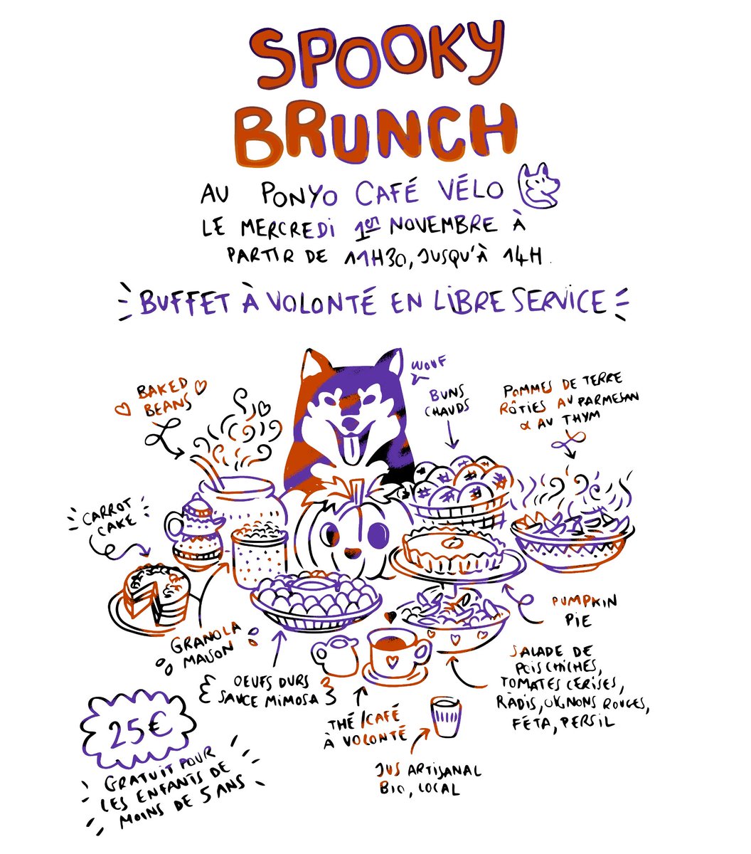 Le mercredi 1er novembre on inaugure le premier BRUNCH du Ponyo !!! 
Venez vous régaler, à volonté, comme d'habitude, tout végé. 

> réservation obligatoire par mail ou téléphone <

🧡☕🥧🍁❤