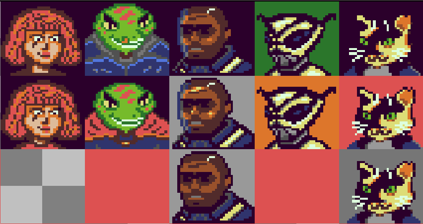 SaffronCR's tweet photo. In Aseprite I created a pixel aspect ratio for the MSX so I could preview how the pixel art would look in the real hardware.
Here's how the avatars look in 1x1 vs the real thing:
#RPGMSX https://t.co/45JYyFMM84
